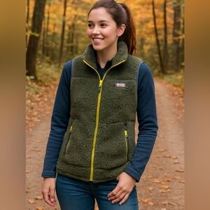 L.L. Bean Women Cozy Olive Fleece Vest with Mustard Highlights Medium